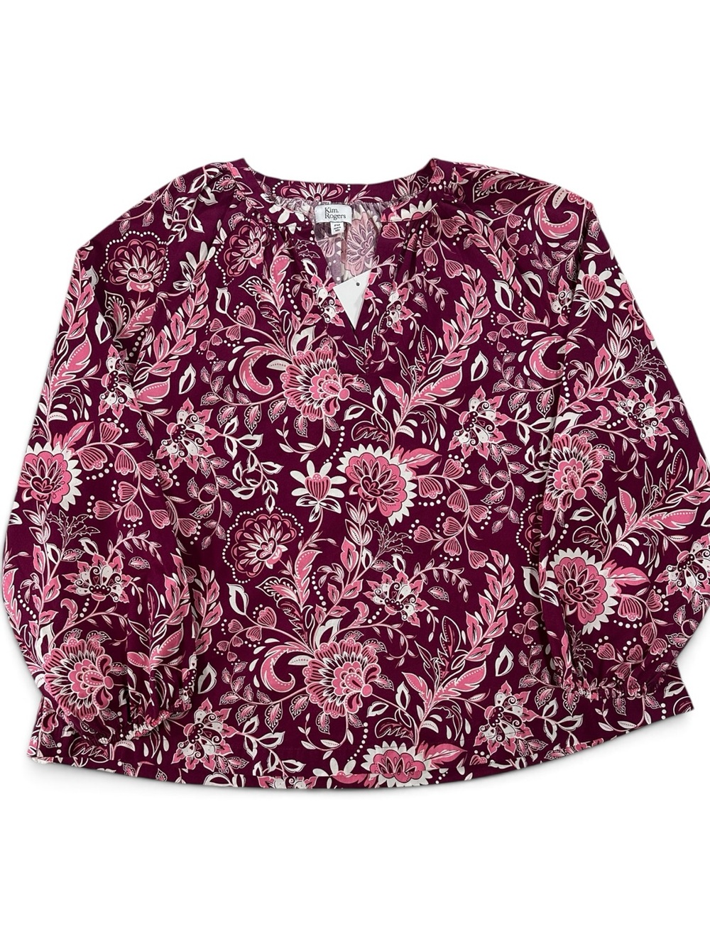 Kim Rogers Burgundy Floral V-Neck Blouse with Pink Accents